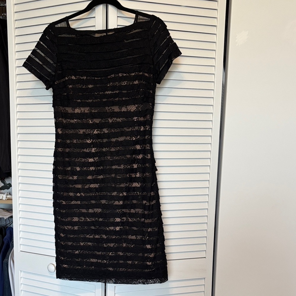 Adrianna Papell Black Striped Lace Dress